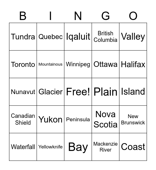 Canadian Landscapes Bingo Card