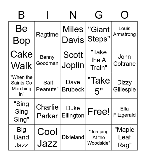 Jazz 2 (ragtime, dixieland, big band, cool, be bop) Bingo Card