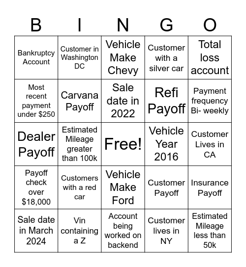 DCU Bingo Card