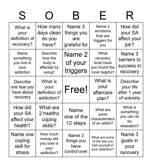 Recovery Bingo! Bingo Card