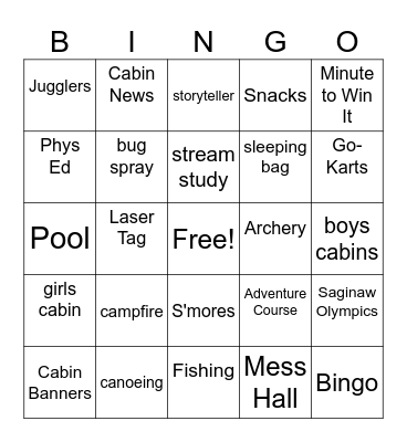 5th Grade Camp Bingo Card