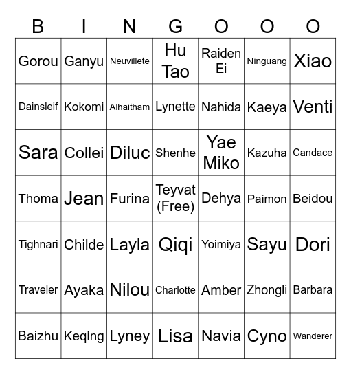 Genshin Impact Bingo Card