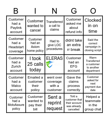 Customer Service Bingo Card