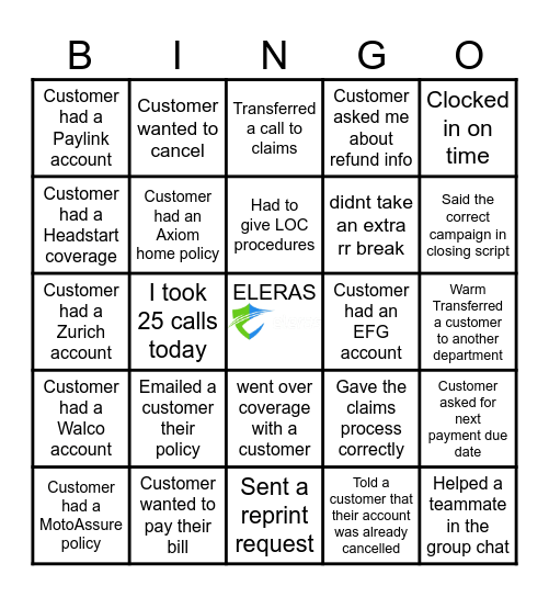 Customer Service Bingo Card