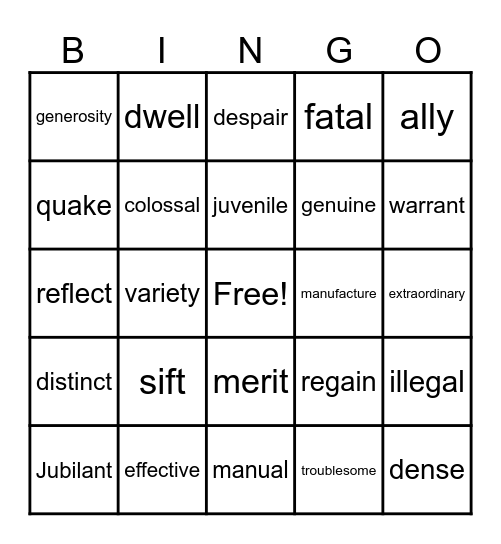 Vocabulary Bingo Card