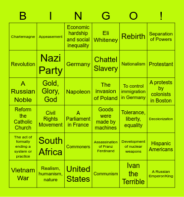 World History Final Exam Review Bingo Card