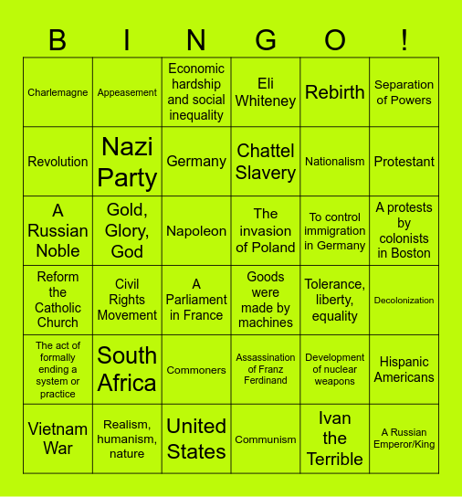 World History Final Exam Review Bingo Card