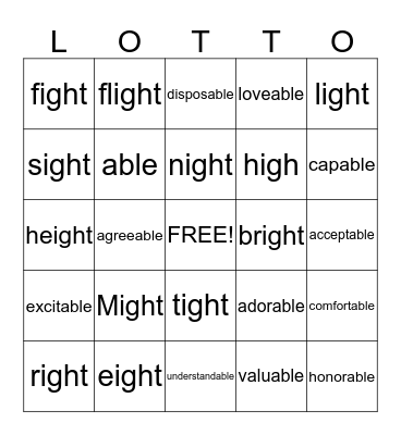 -ight & -able Lotto Bingo Card
