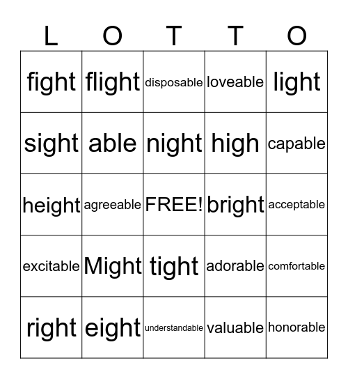 -ight & -able Lotto Bingo Card