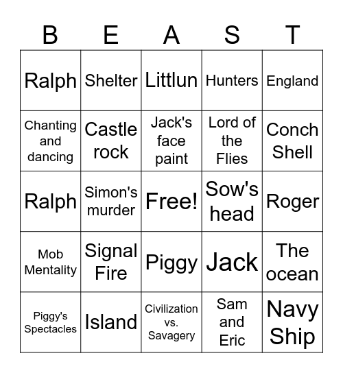 Lord of the Flies Bingo Card