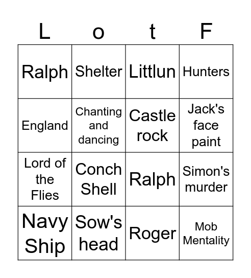 Lord of the Flies Bingo Card