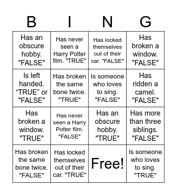 True False Bingo Card