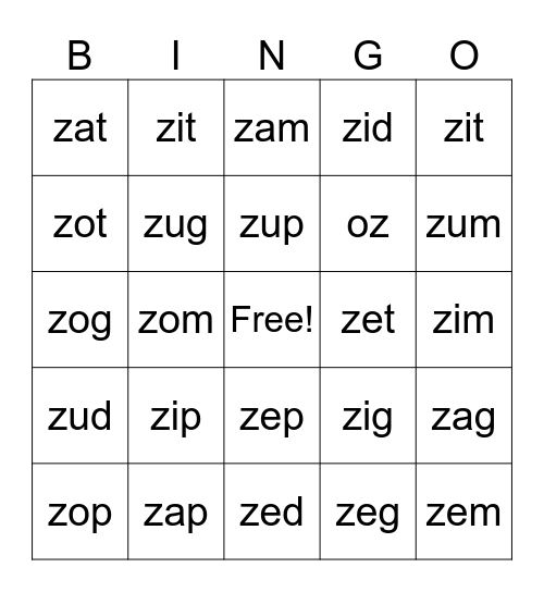 Lesson 26/z Bingo Card