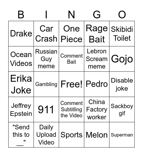 Slop SLOP SLOP Bingo Card