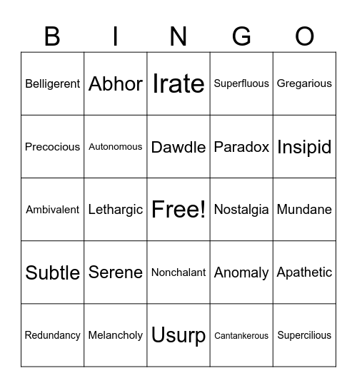 AVID Vocabulary Bingo Card