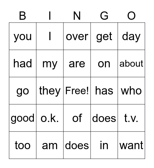 Lessons 1-30/irregular words Bingo Card