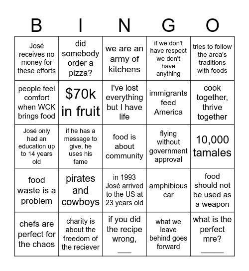 We Feed People with José Andrés Bingo Card