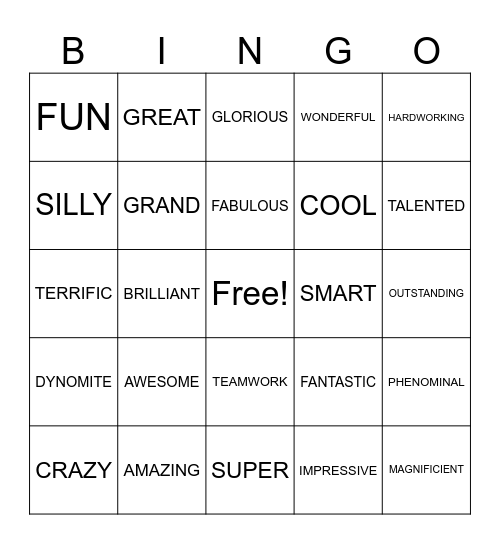 Words to describe out Team Bingo Card