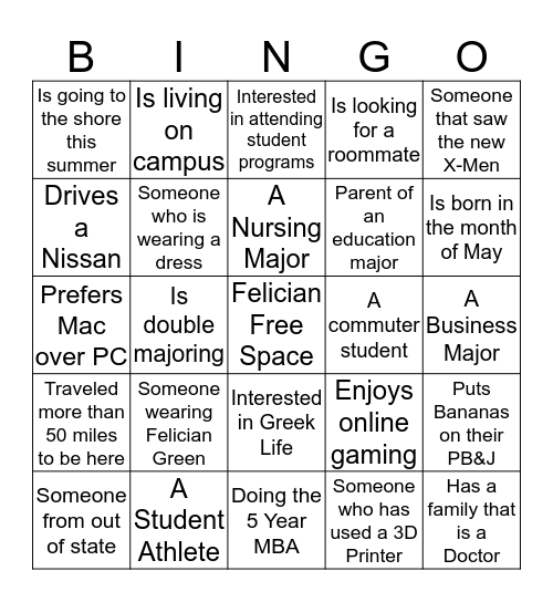 Felician People Bingo Card