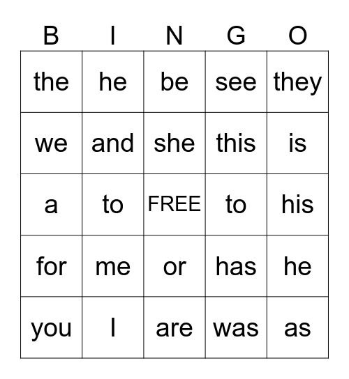Sight Words Bingo Card