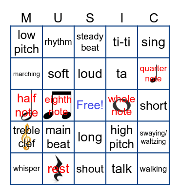 Kindergarten Music Bingo Card