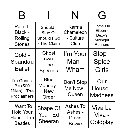 Musical Bingo - Best of British Bingo Card