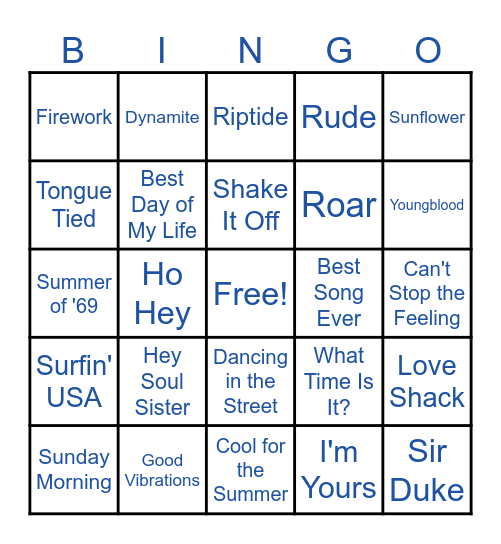 Summer Song Bingo Card