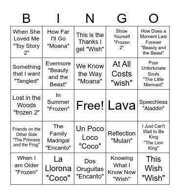 Disney Songs Bingo Card