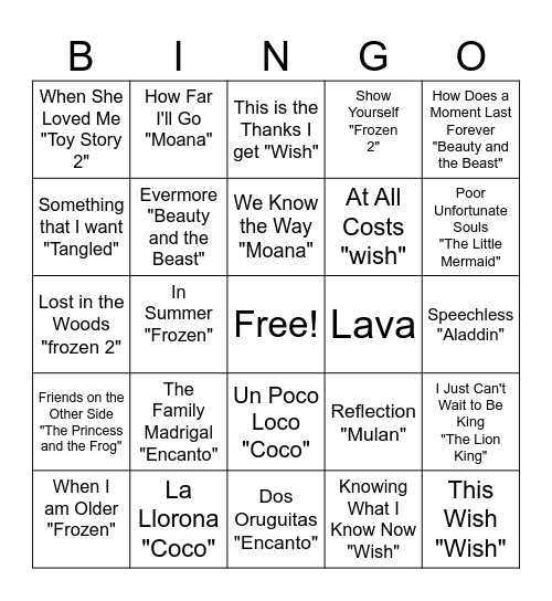 Disney Songs Bingo Card