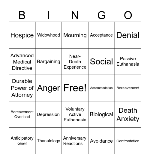 Death/Dying Bingo Card