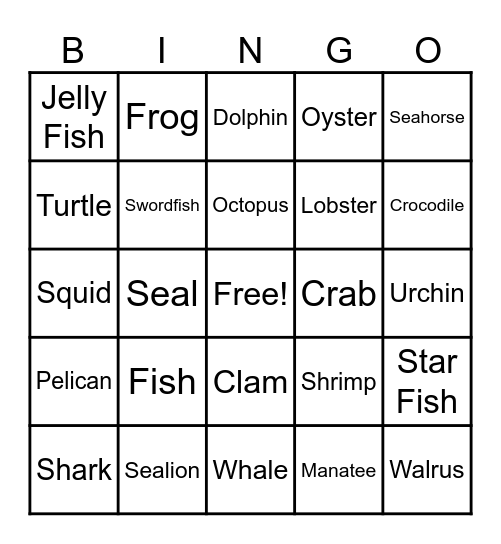 Animal Bingo Card