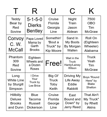 Songs with Trucks Bingo Card