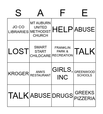 SAFE PLACE Bingo Card