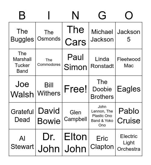 1970's Artists #3A Bingo Card