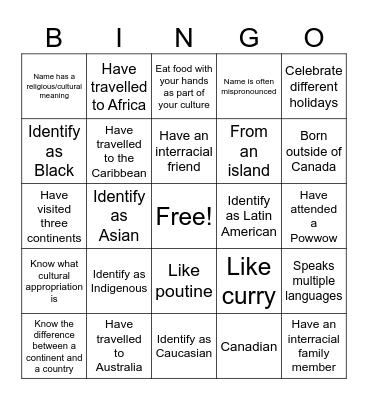 Cultural Diversity Bingo Card