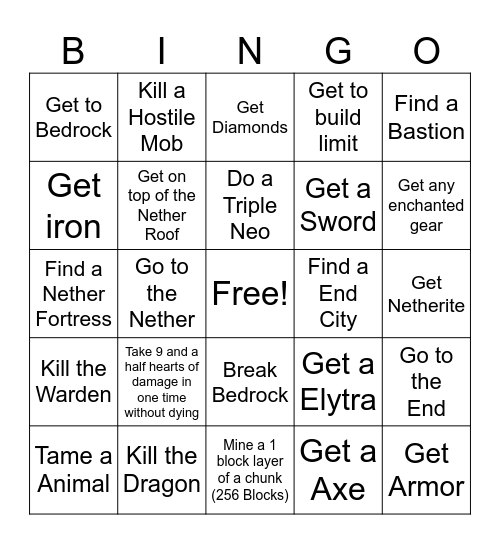 Minecraft Bingo Card