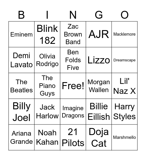 Musicians/Singers/Groups Bingo Card