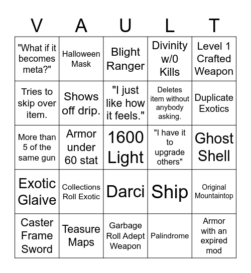 VAULT BINGO Card