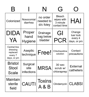 Infection Prevention Bingo Card