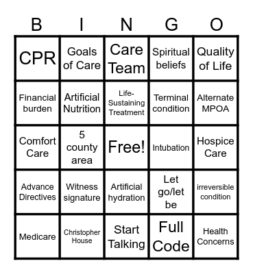 Advance Directive Bingo Card