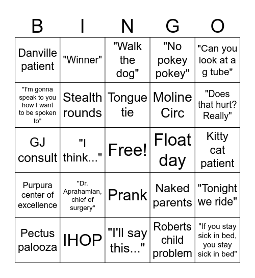 Peds Surgery Bingo Card