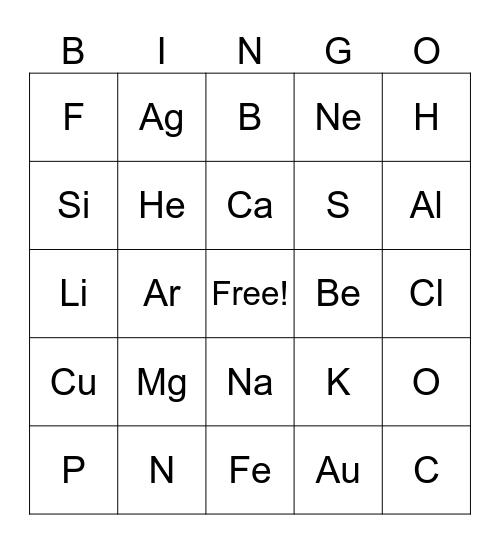 Periodic Table Bingo Card