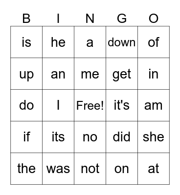 Sight Words Bingo Card