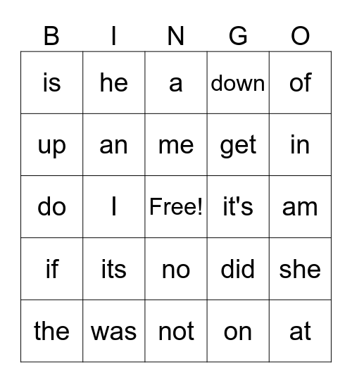 Sight Words Bingo Card