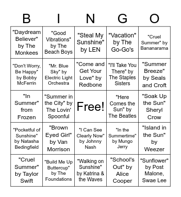 Summer Song Bingo Card