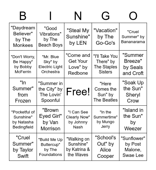 Summer Song Bingo Card