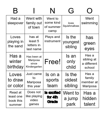Beginning of Year Bingo Card