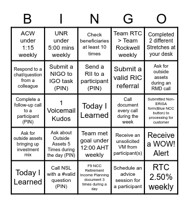 TEAM WELLS Bingo Card