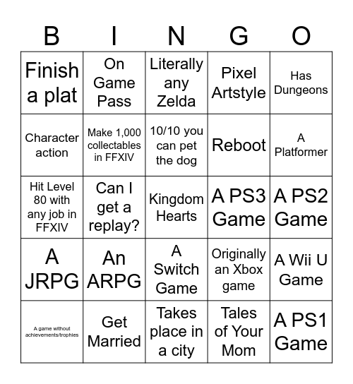 My Own Personal Bingo Event Bingo Card