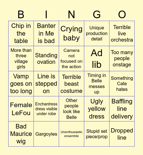 Beauty and the beast Bingo Card